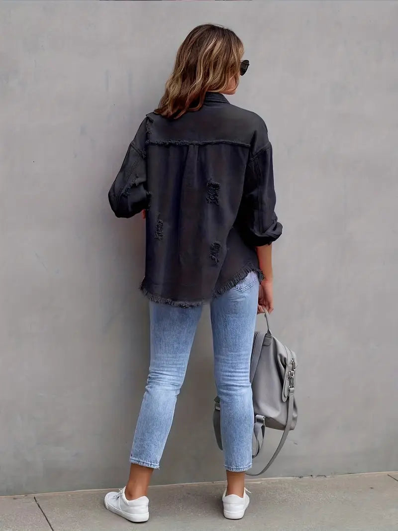 Harper Luxe Vintage Gevoerde Button-Up Jas – Distressed Afwerking met Frayed Hem