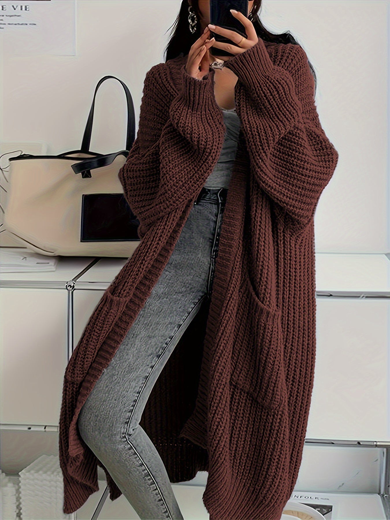 Sofie - Lange Gebreide Cardigan met Patchzakken - Stijlvol & Comfortabel