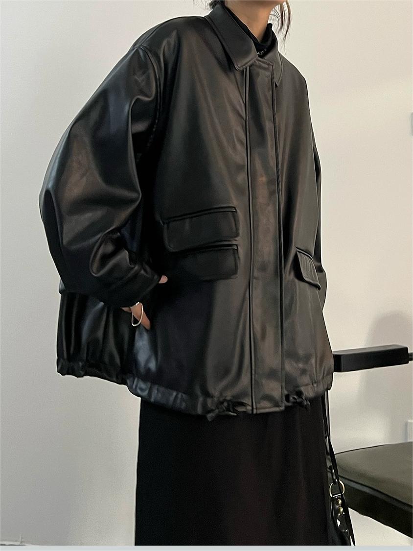 Emma Luxe Long PU Leather Jacket with Lapel Collar and Drawstring