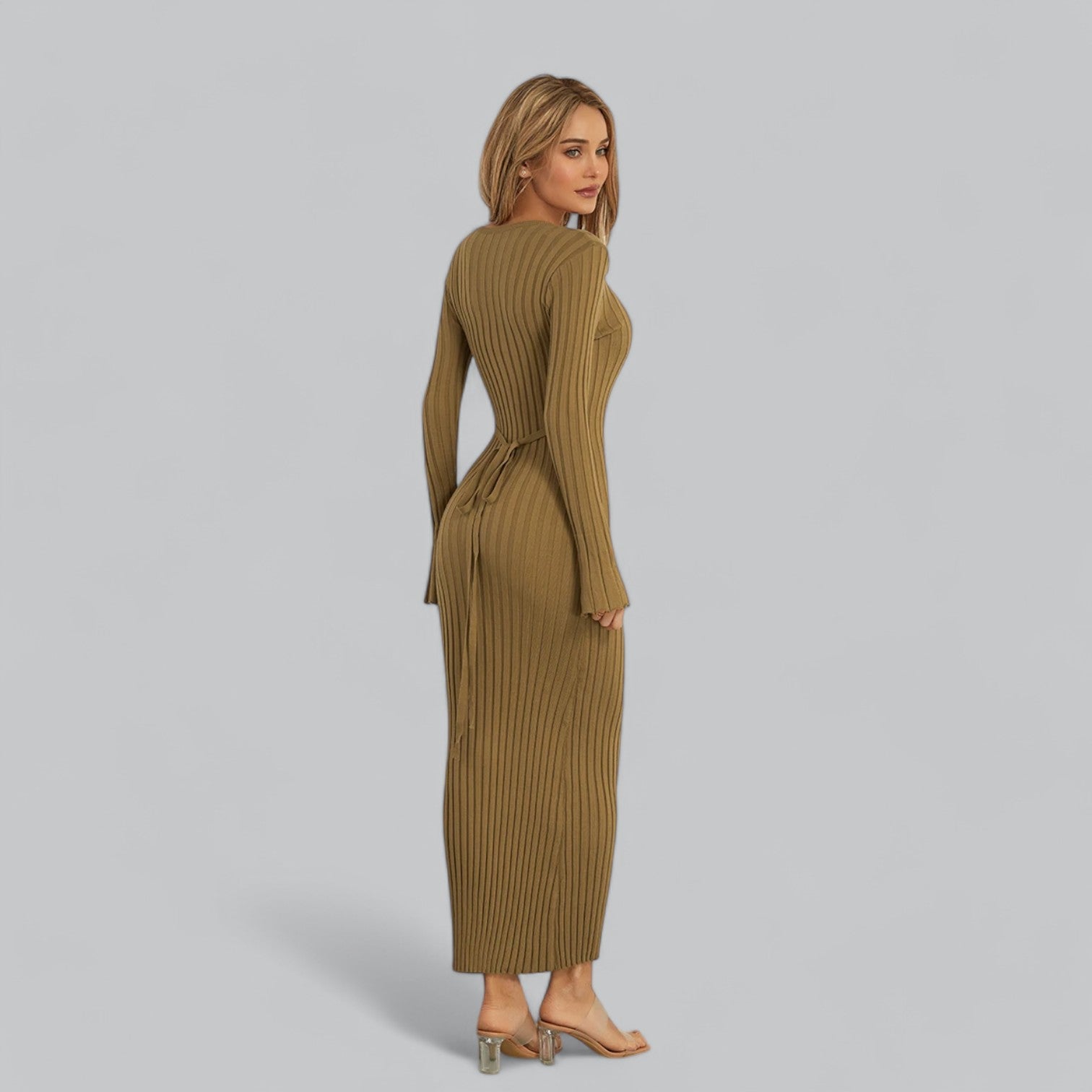 Aurora - Elegant Lace-Up Maxi Jurk met Fluwelen Ribstructuur