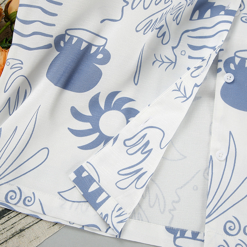 Nora Luchtige Comfortabele Set van Katoen-Linnen met Oceanische Print