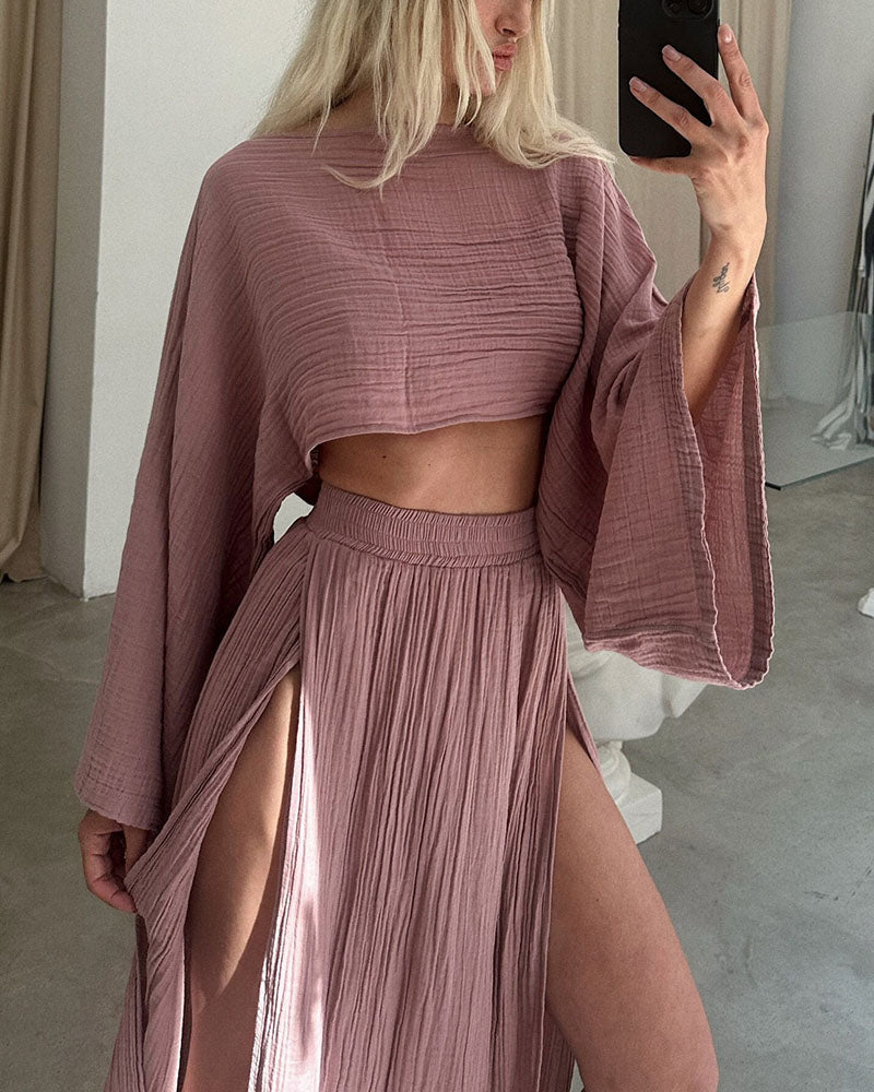 Isabella Comfortabele Katoenen Set met Top en Splitrok