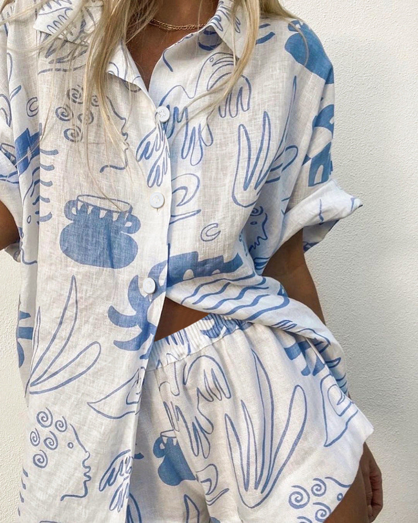 Nora Luchtige Comfortabele Set van Katoen-Linnen met Oceanische Print