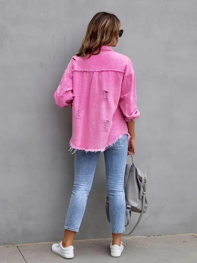 Harper Luxe Vintage Gevoerde Button-Up Jas – Distressed Afwerking met Frayed Hem