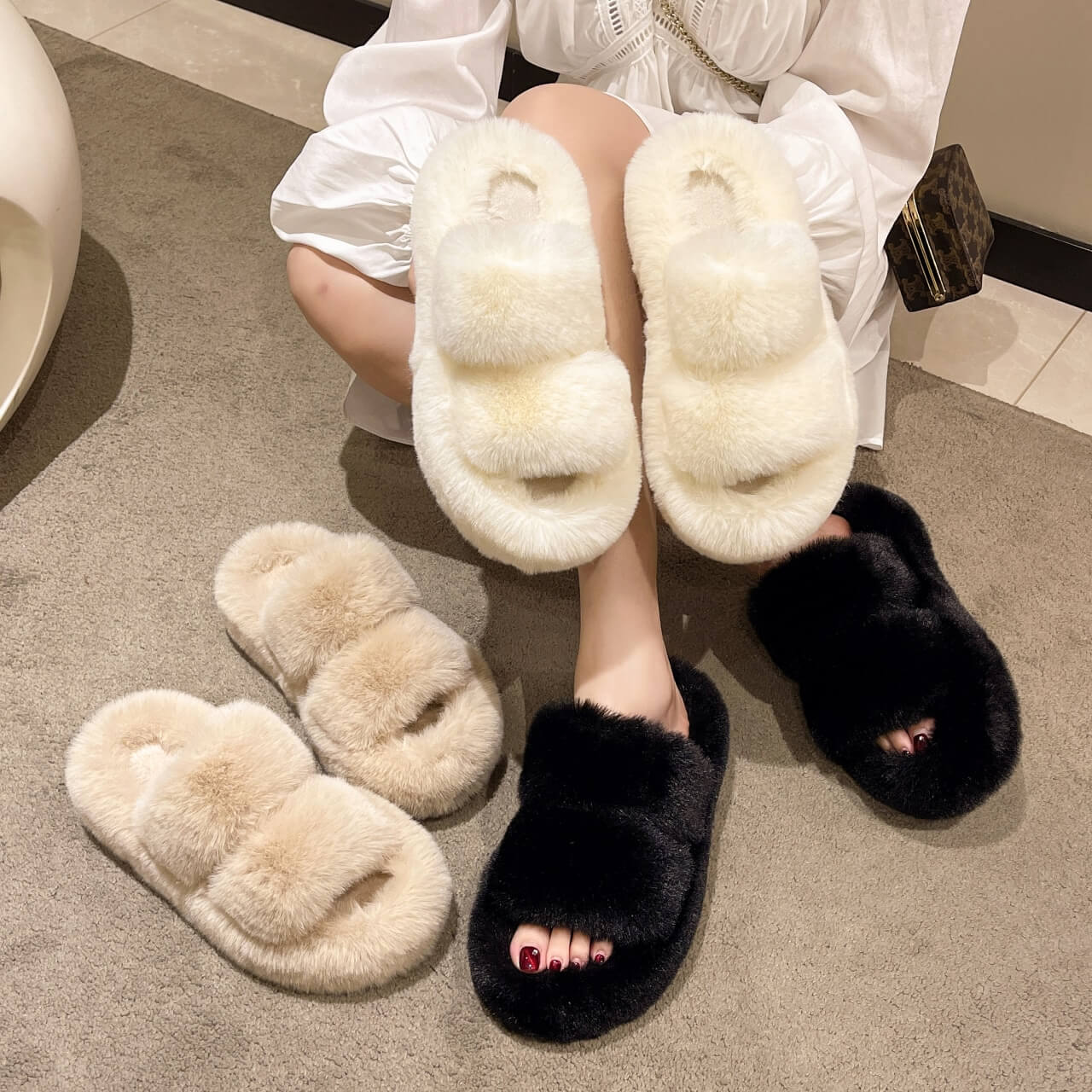 Tessa Luxe Faux Fur Slippers - Comfortable and Trendy Slippers for Home and Outdoors