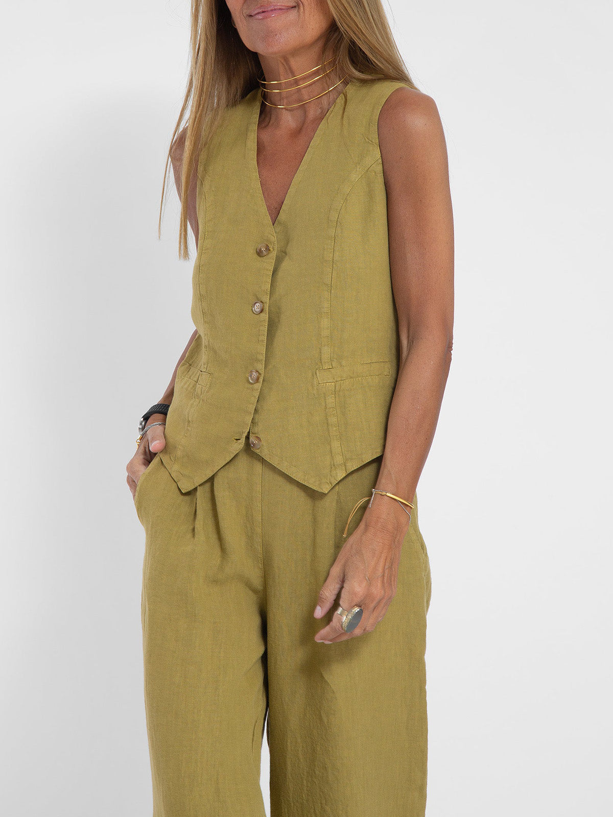 Claire – Elegante Mouwloze Linnen Set met V-Hals Gilet en Wijde Broek