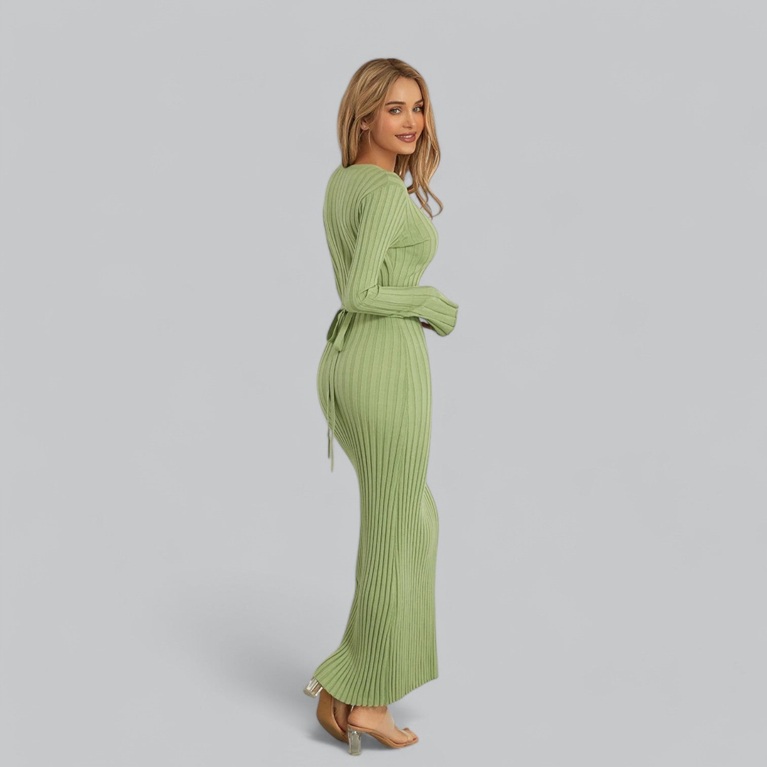 Aurora - Elegant Lace-Up Maxi Jurk met Fluwelen Ribstructuur