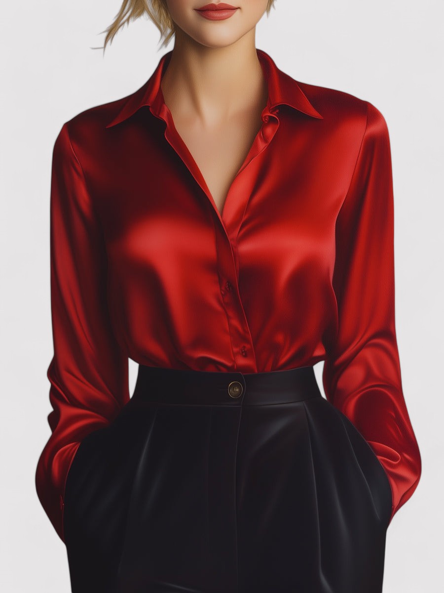 Emma Zachte Satijnen Blouse met Lange Mouwen