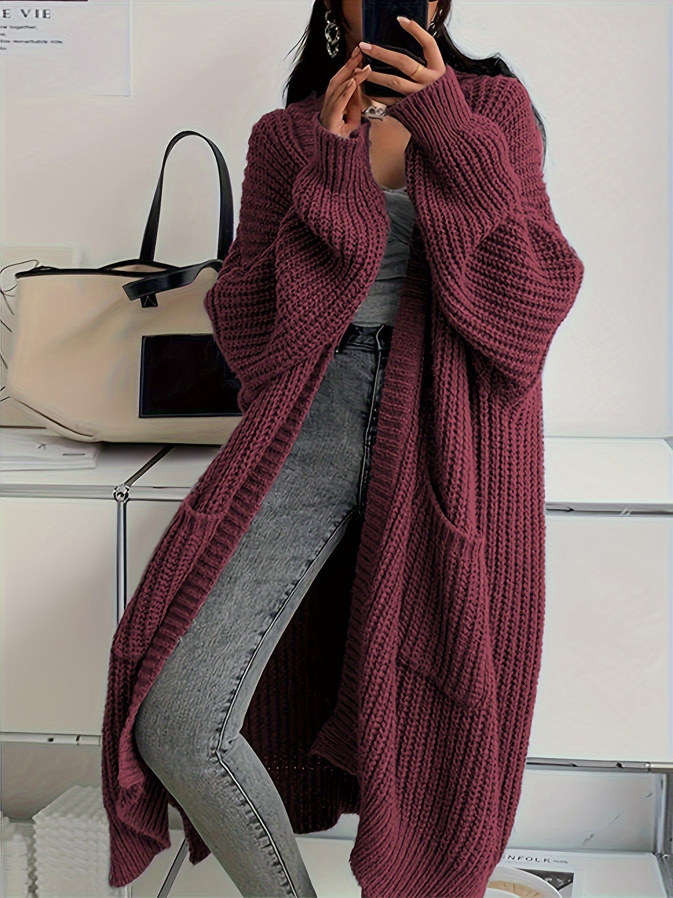 Sofie - Lange Gebreide Cardigan met Patchzakken - Stijlvol & Comfortabel