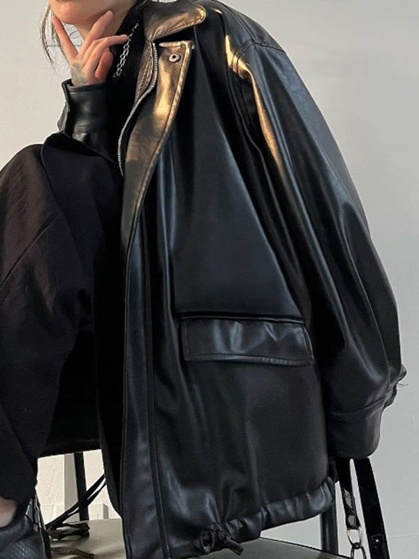 Emma Luxe Long PU Leather Jacket with Lapel Collar and Drawstring