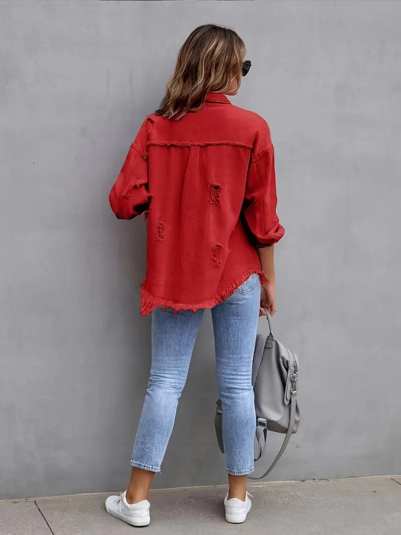 Harper Luxe Vintage Gevoerde Button-Up Jas – Distressed Afwerking met Frayed Hem