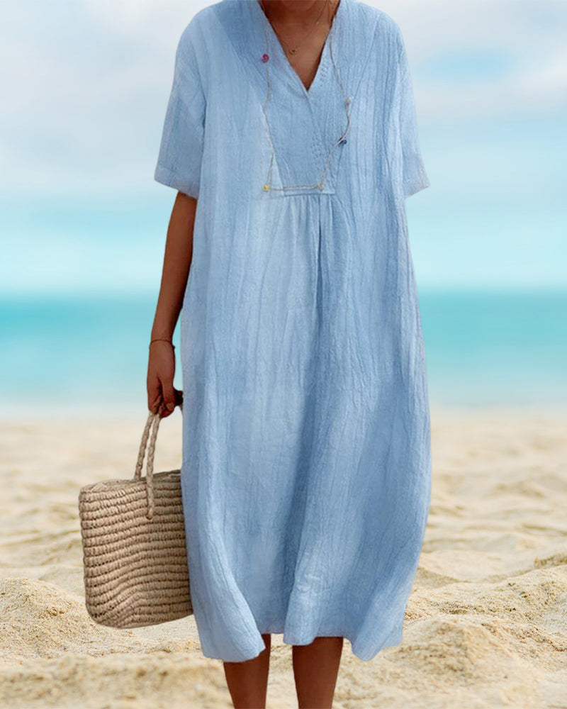 Lena Elegante V-Hals Midi Jurk – Comfortabel & Stijlvol