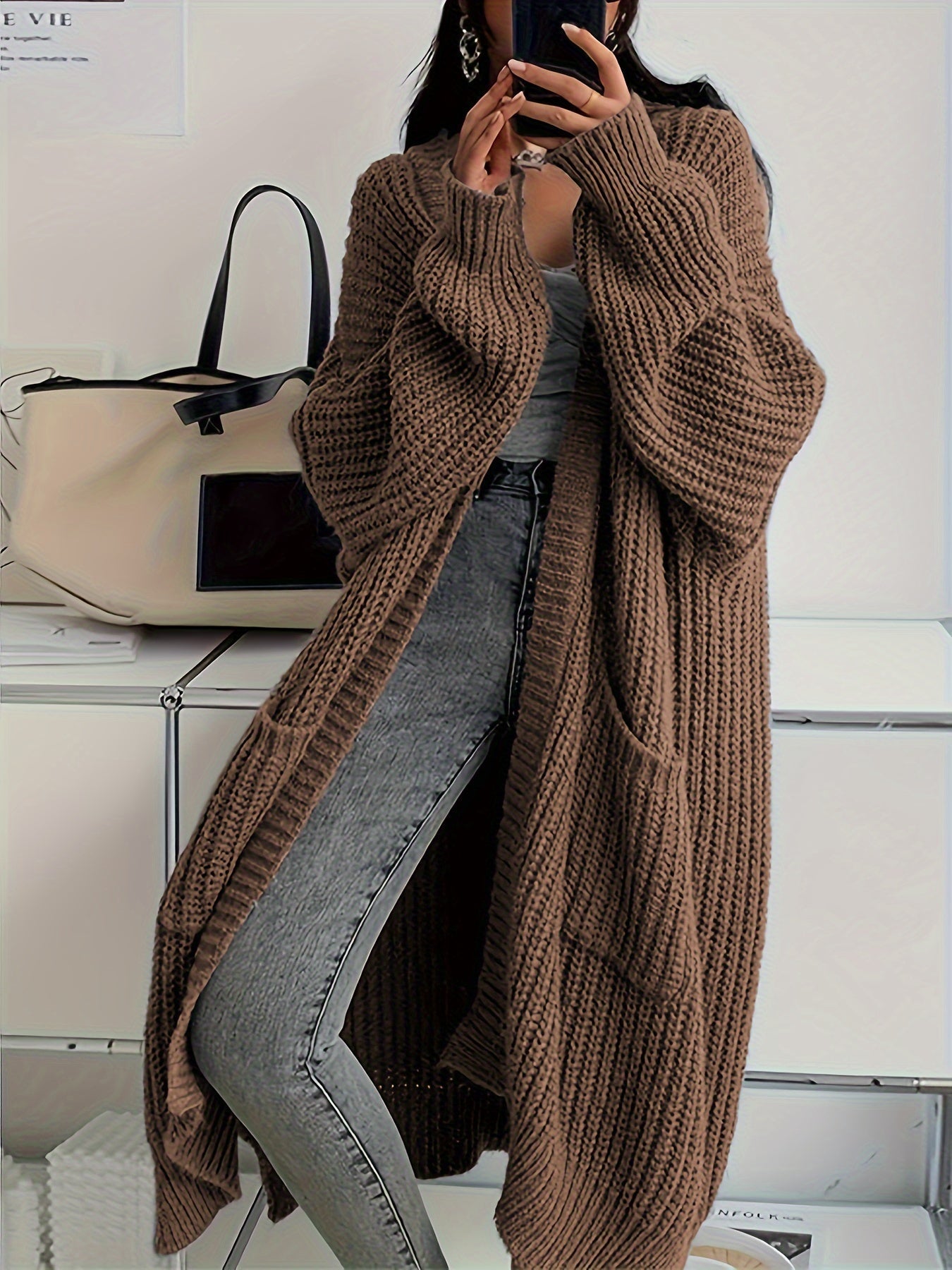Sofie - Lange Gebreide Cardigan met Patchzakken - Stijlvol & Comfortabel