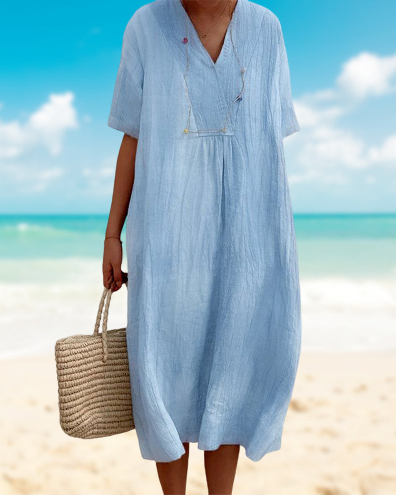 Lena Elegante V-Hals Midi Jurk – Comfortabel & Stijlvol