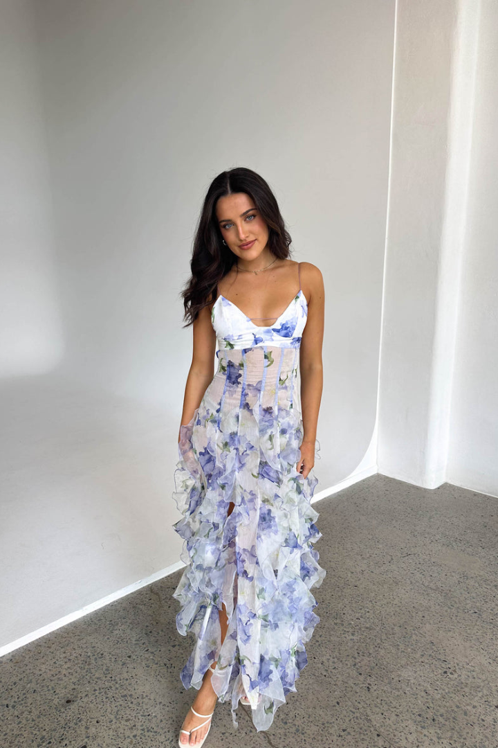 Liana – Elegante Luchtige Maxi Jurk met Bloemenprint en Ruffles
