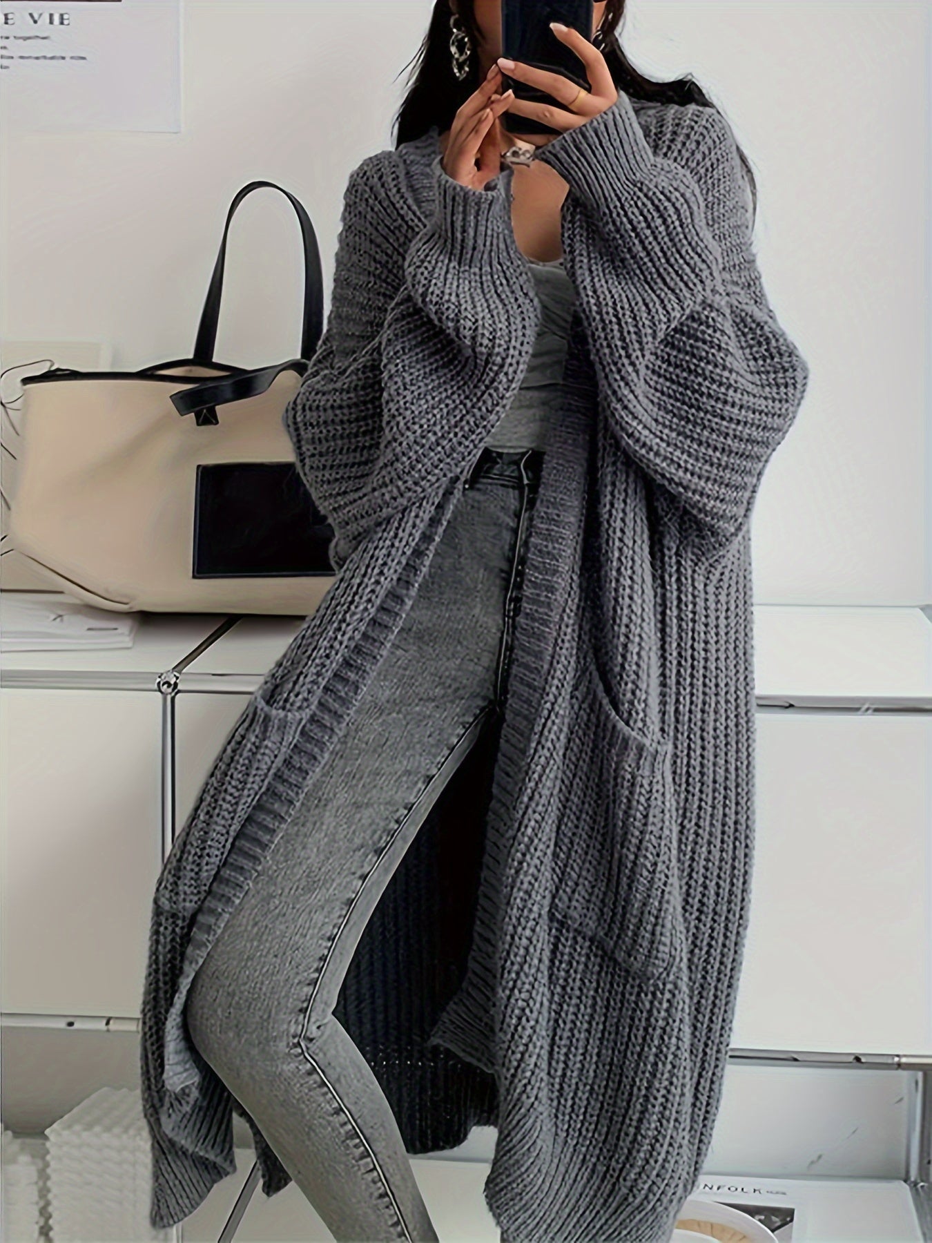 Sofie - Lange Gebreide Cardigan met Patchzakken - Stijlvol & Comfortabel