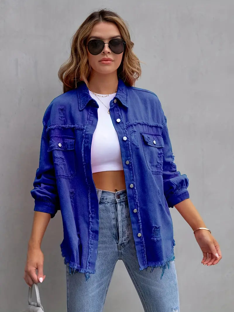 Harper Luxe Vintage Gevoerde Button-Up Jas – Distressed Afwerking met Frayed Hem