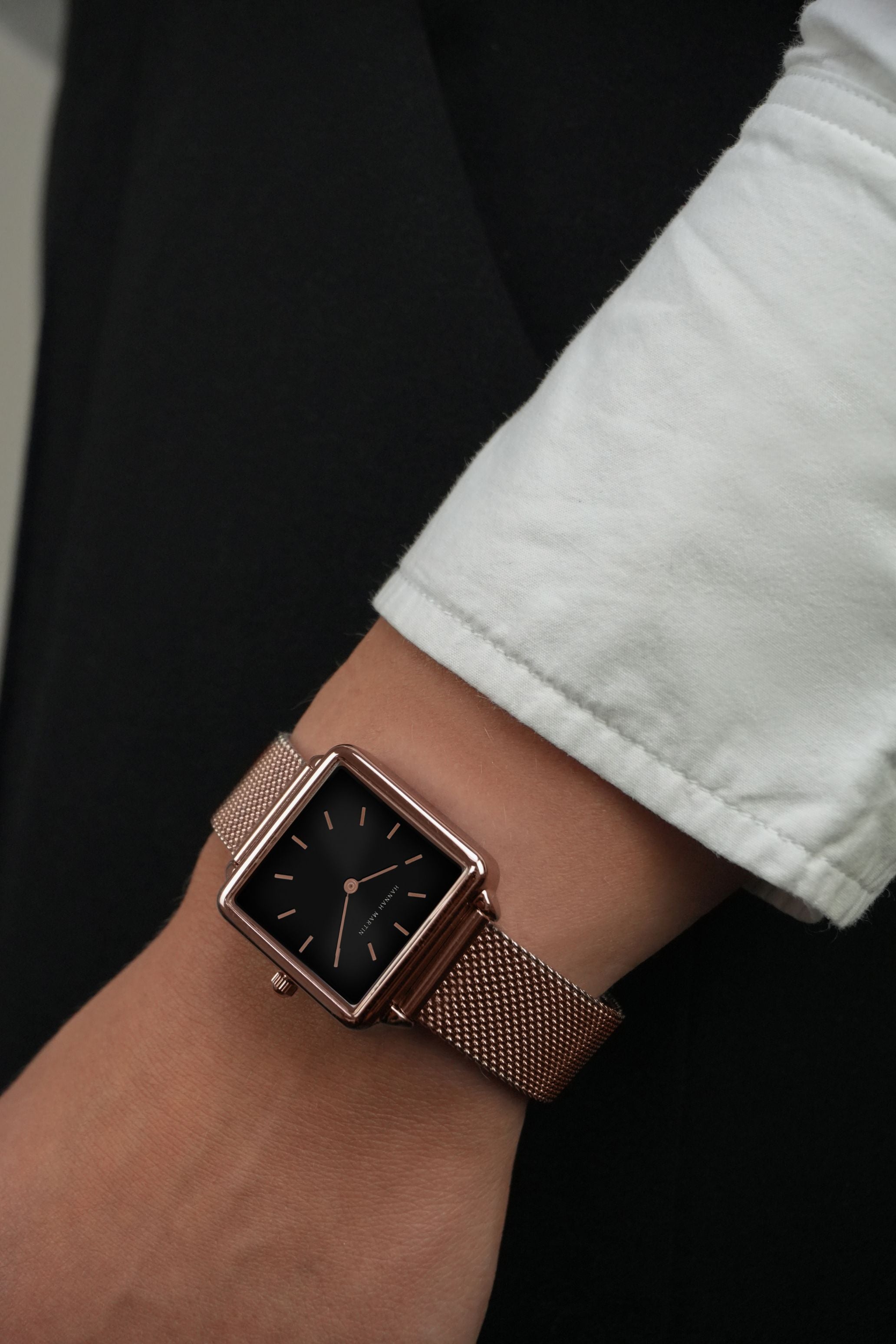 Eclipse - Vierkant Horloge Roségoud met Zwarte Wijzerplaat en Mesh Band