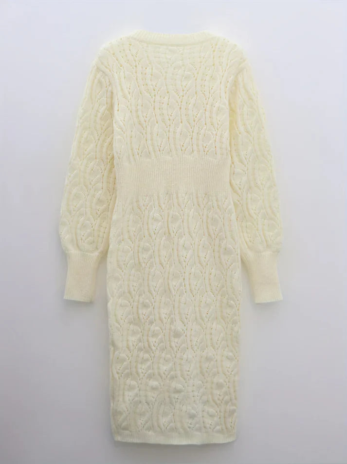 Mila - Elegante Katoenen Midi Jurk met V-Hals en Lange Mouwen