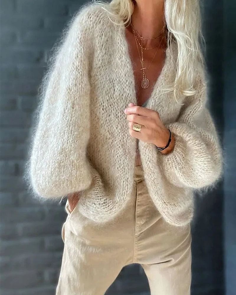 Yara Luxe Cardigan met Uitlopende Mouwen en Geribbelde Details