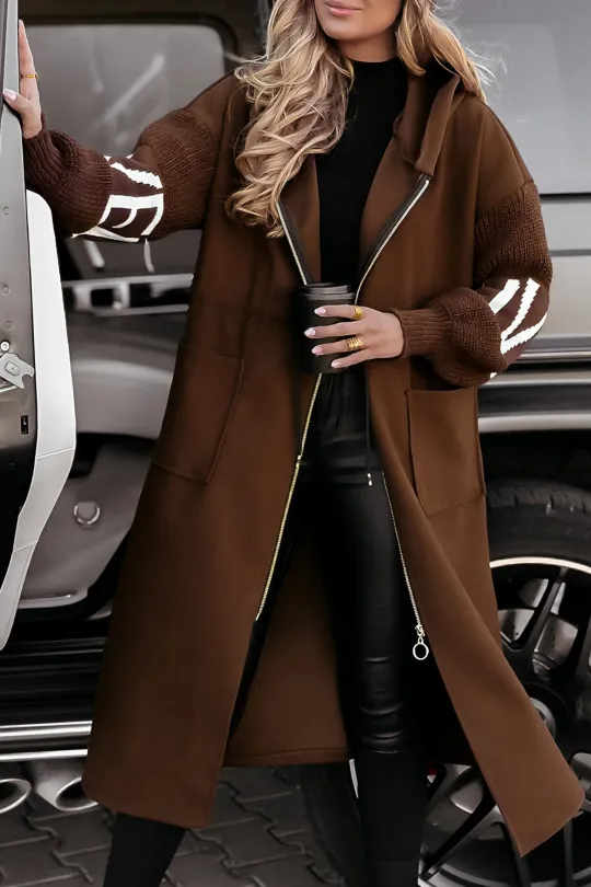 Noor - Casual Hooded Jacket met Gebreide Mouwen en Patchwork Design