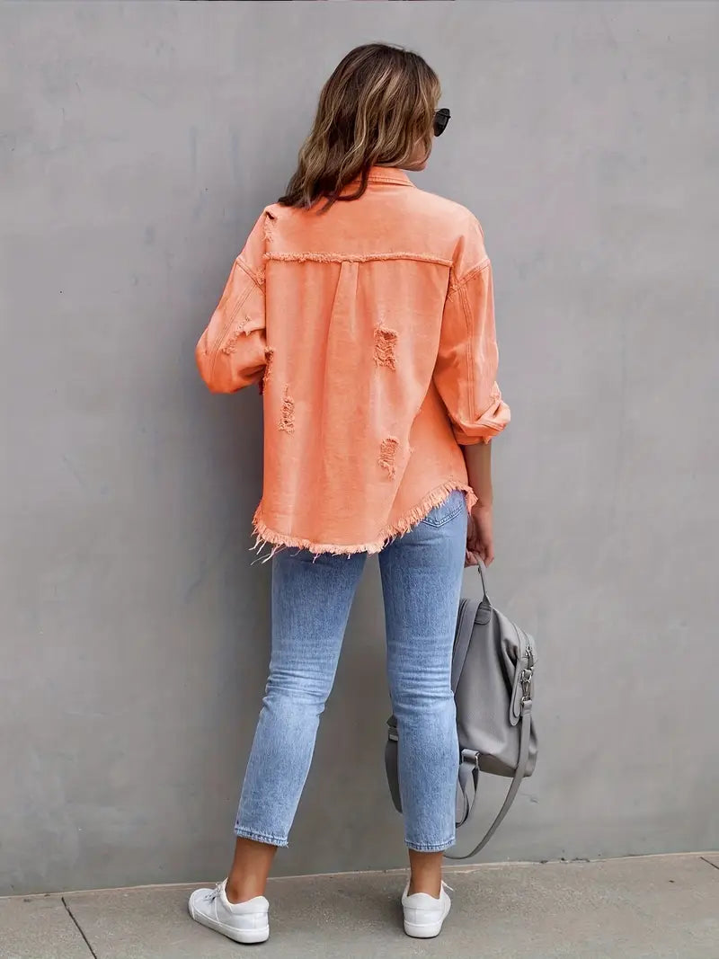 Harper Luxe Vintage Gevoerde Button-Up Jas – Distressed Afwerking met Frayed Hem