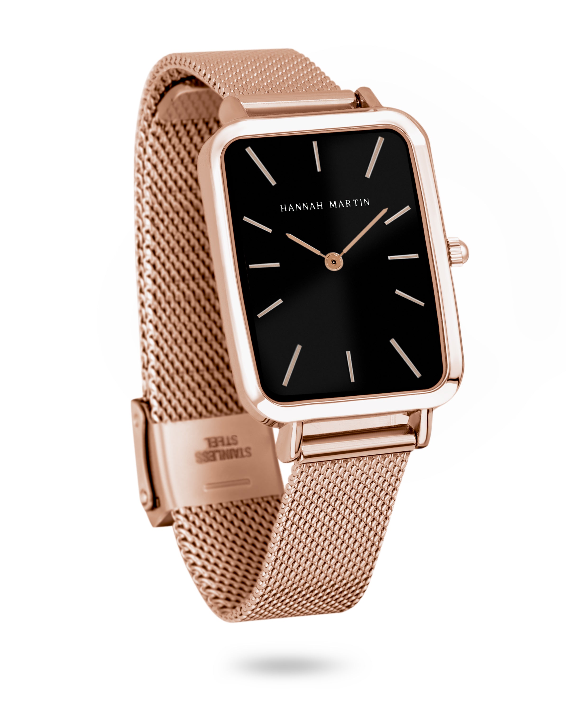 Midnight - Rechthoekig Horloge Roségoud met Zwarte Wijzerplaat en Mesh Band