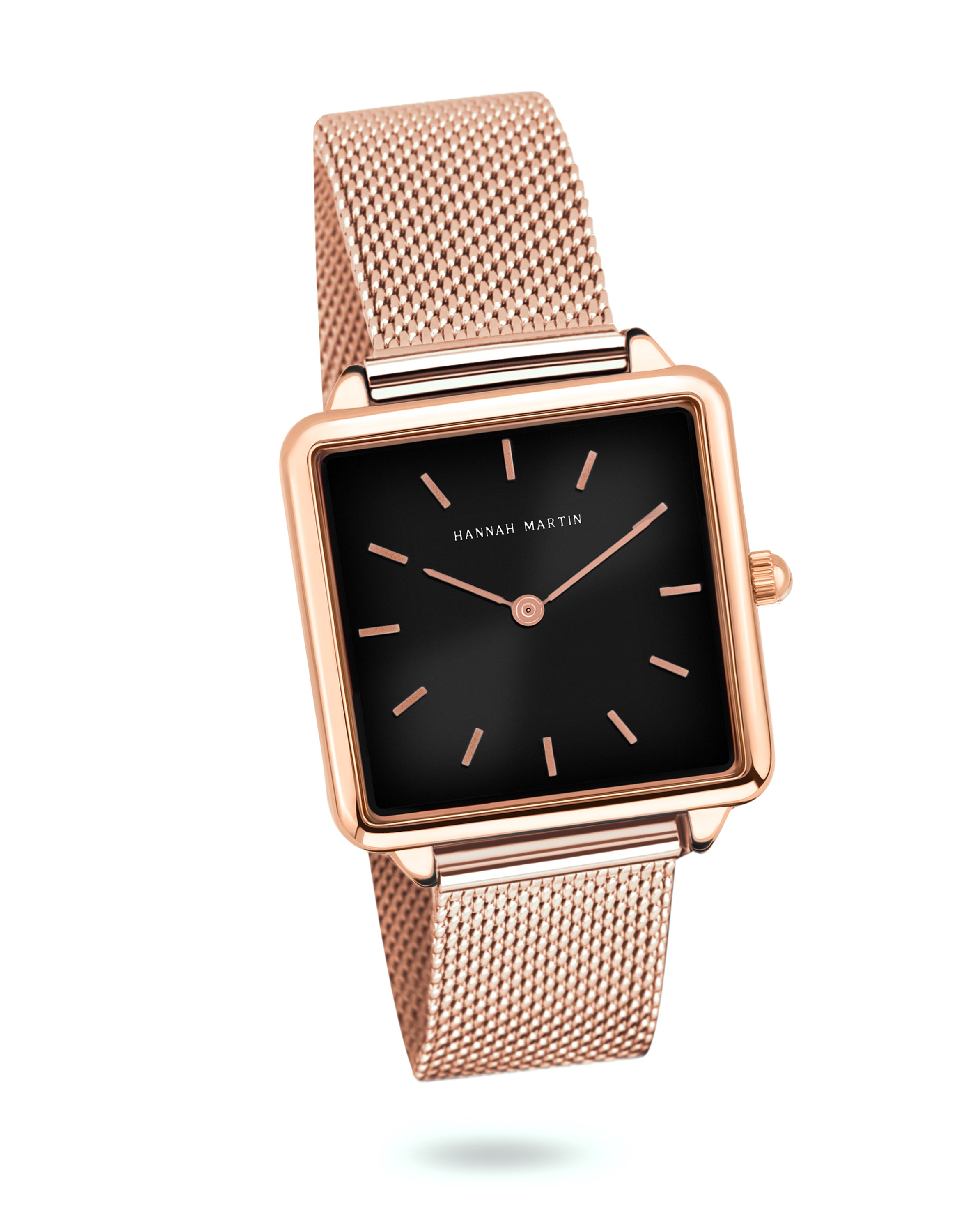 Eclipse - Vierkant Horloge Roségoud met Zwarte Wijzerplaat en Mesh Band