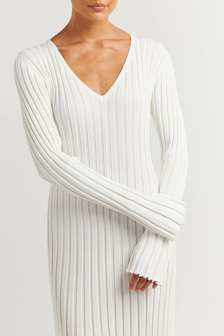 Sophia Gebreide Midi Jurk met V-Hals