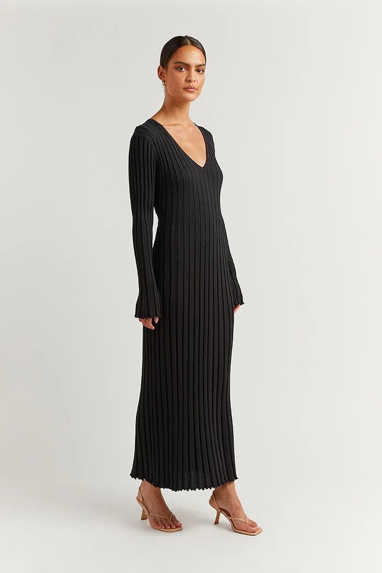 Sophia Gebreide Midi Jurk met V-Hals