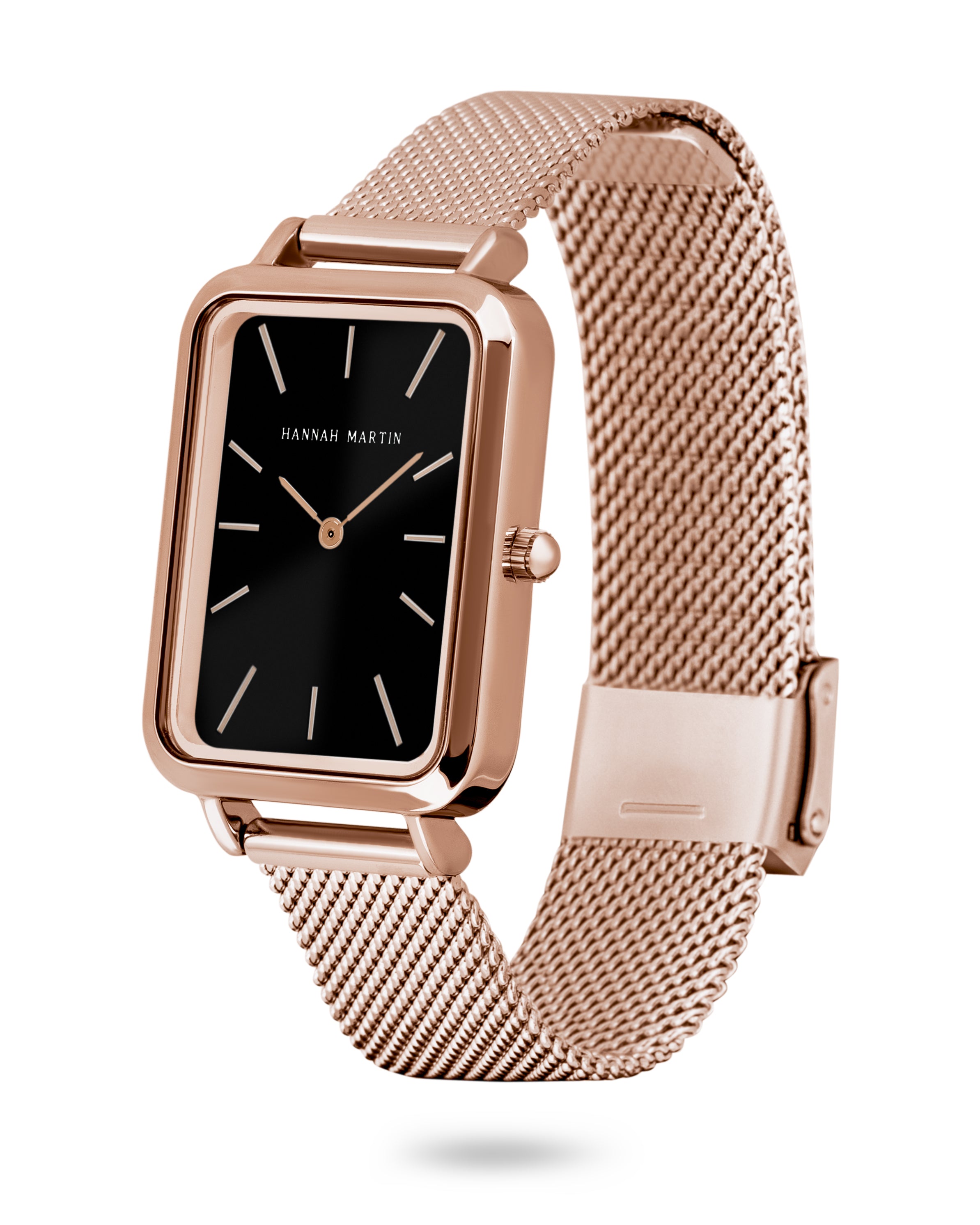 Midnight - Rechthoekig Horloge Roségoud met Zwarte Wijzerplaat en Mesh Band