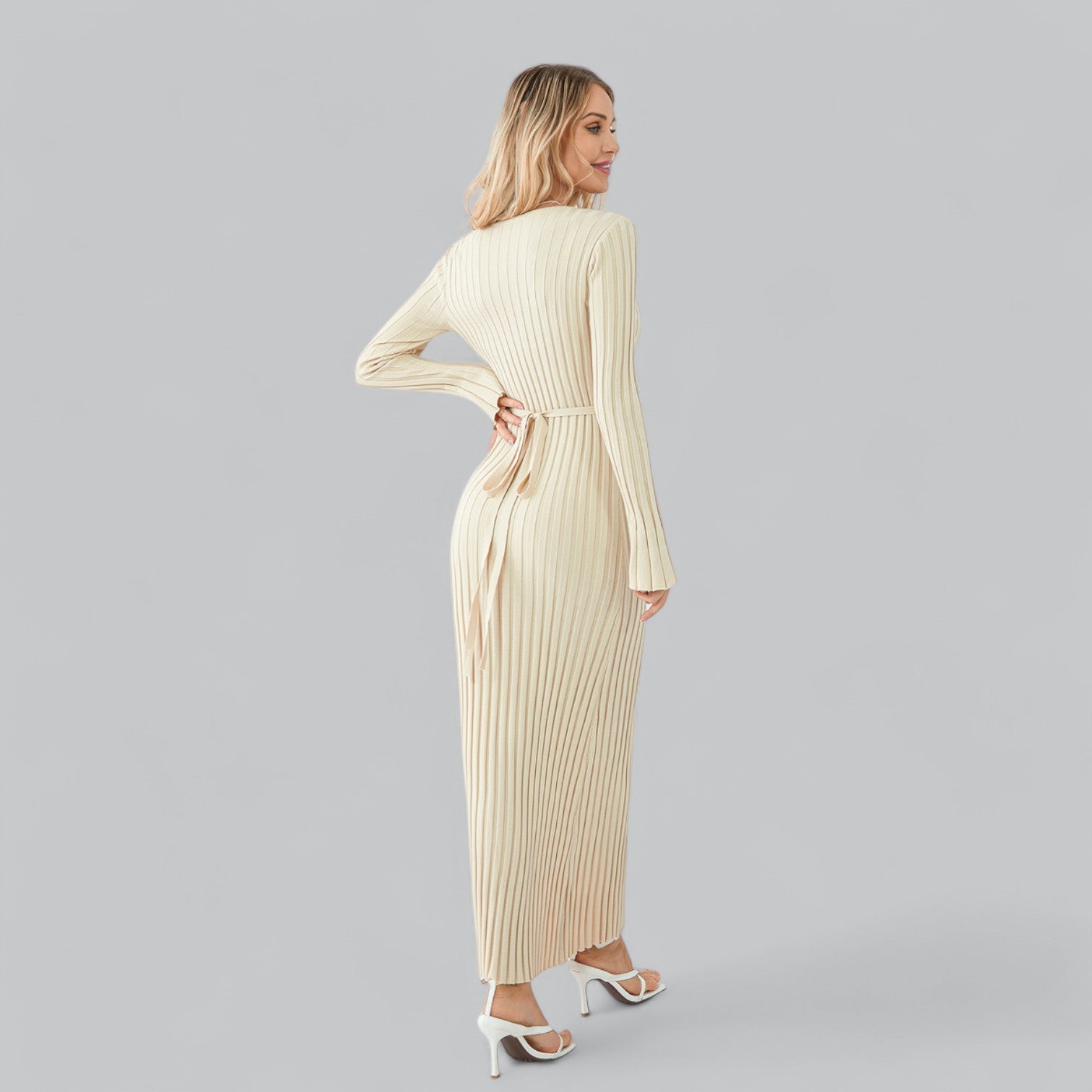 Aurora - Elegant Lace-Up Maxi Jurk met Fluwelen Ribstructuur