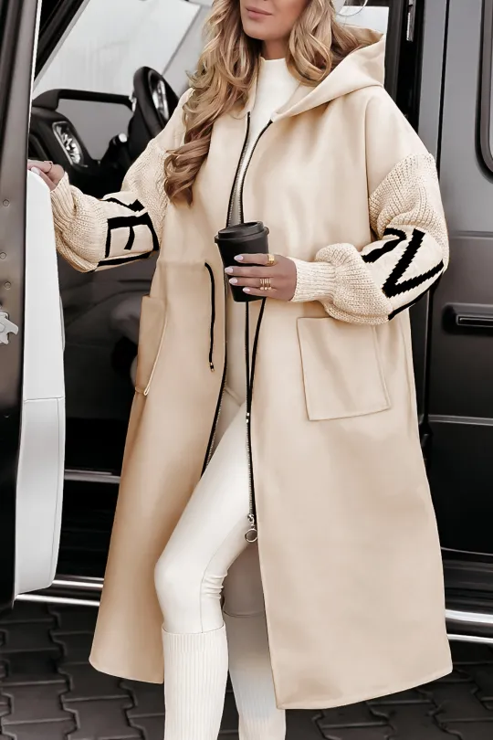 Noor - Casual Hooded Jacket met Gebreide Mouwen en Patchwork Design
