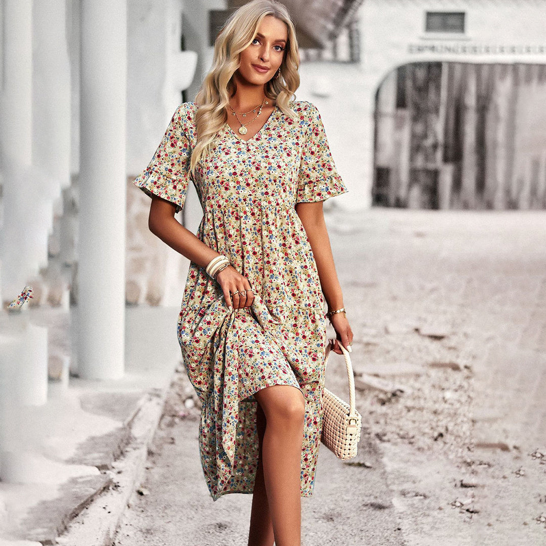 Sierra – Airy Boho Midi Dress with Floral Print and V-Neck