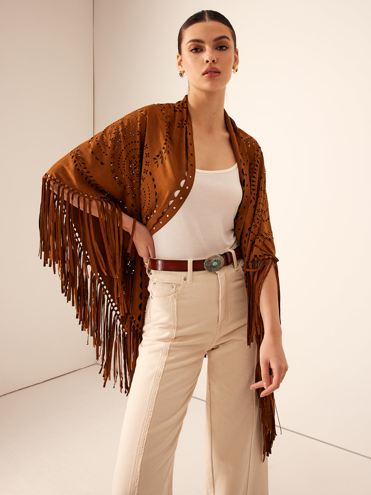Anna Bohemian Suède Poncho met Kwastjes
