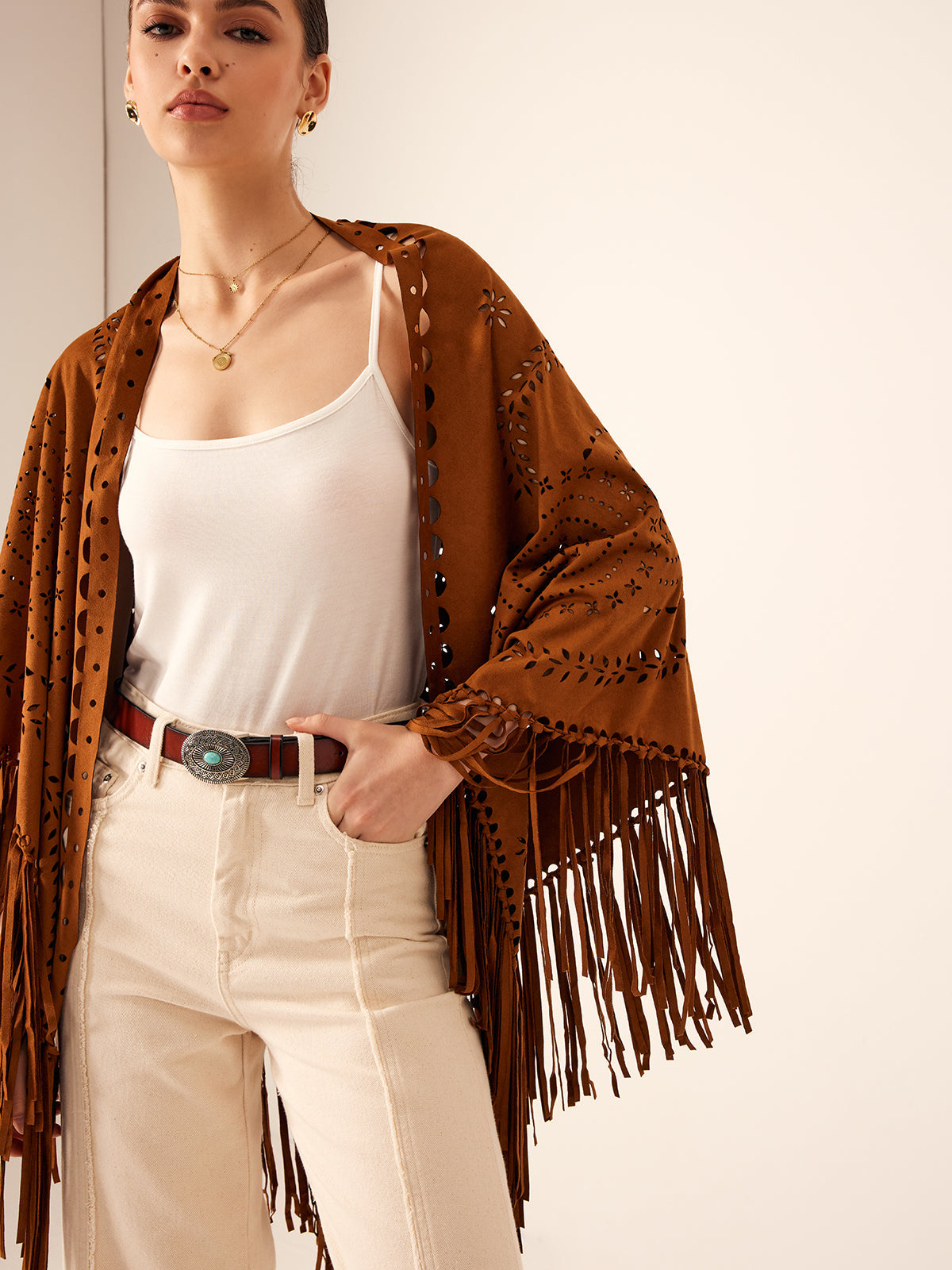 Anna Bohemian Suède Poncho met Kwastjes
