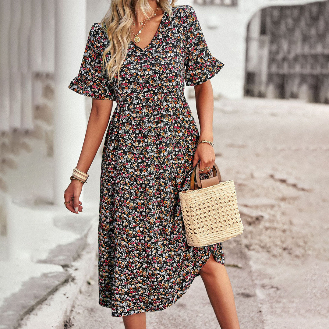 Sierra – Airy Boho Midi Dress with Floral Print and V-Neck