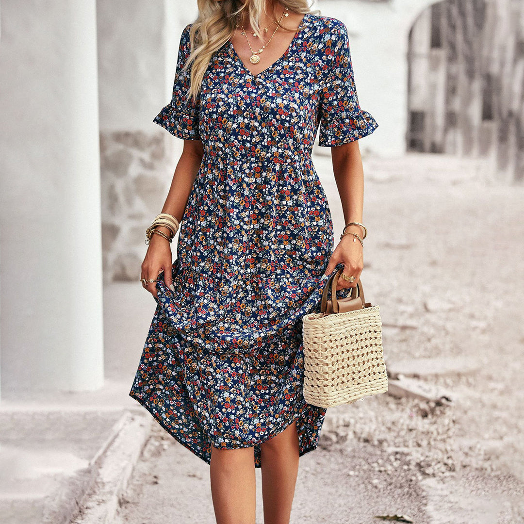 Sierra – Airy Boho Midi Dress with Floral Print and V-Neck