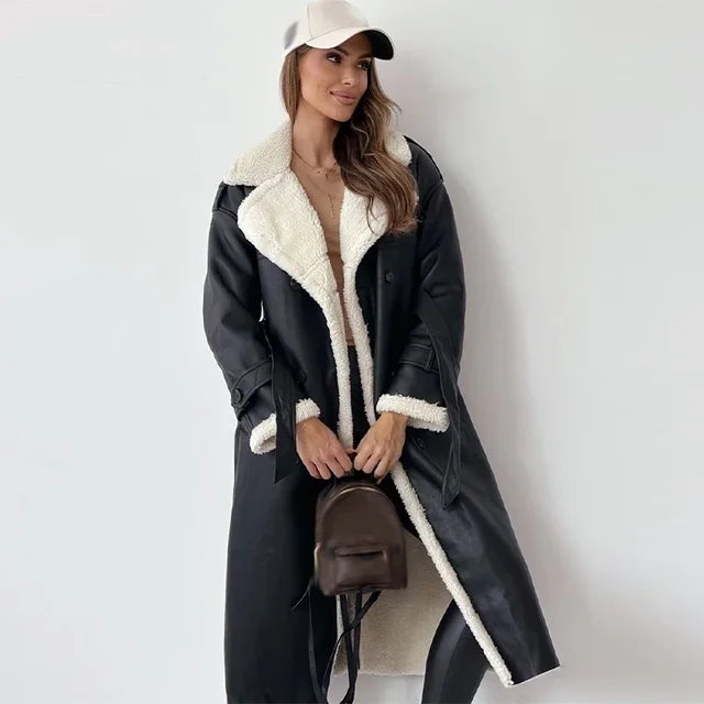 Sienna Lange Leren Sherpa Jas met Tailleband