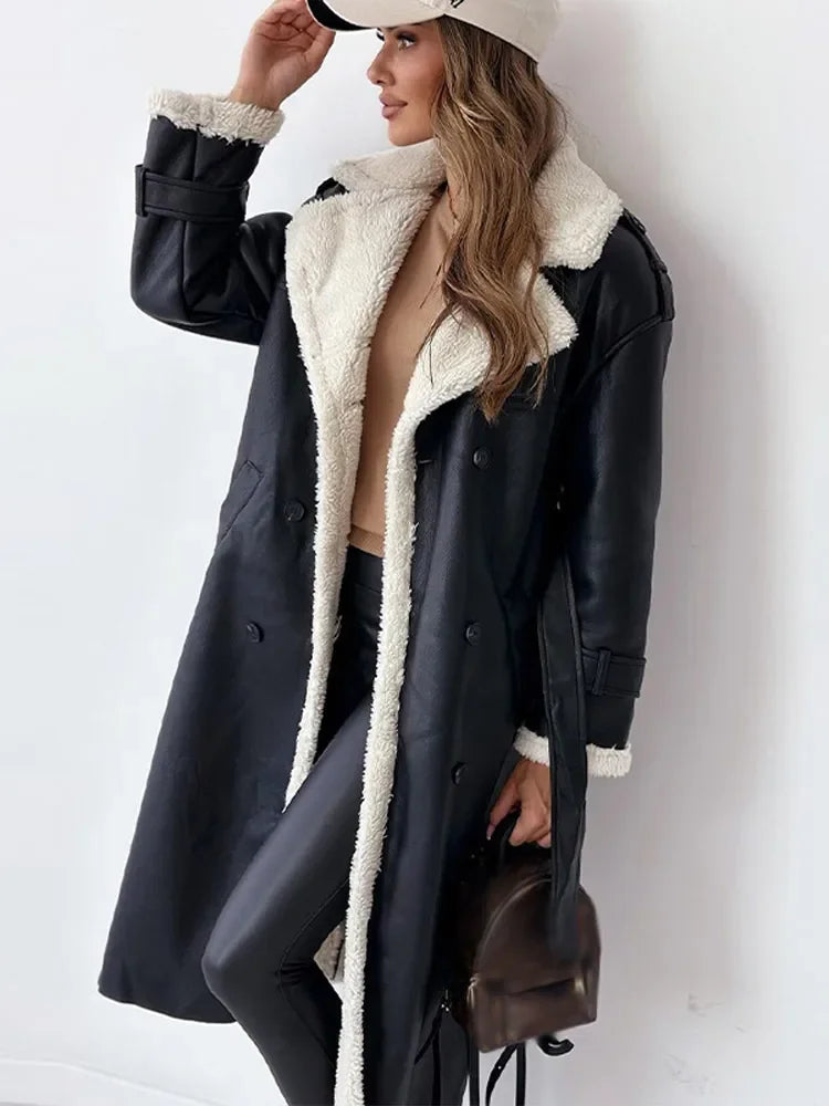 Sienna Lange Leren Sherpa Jas met Tailleband