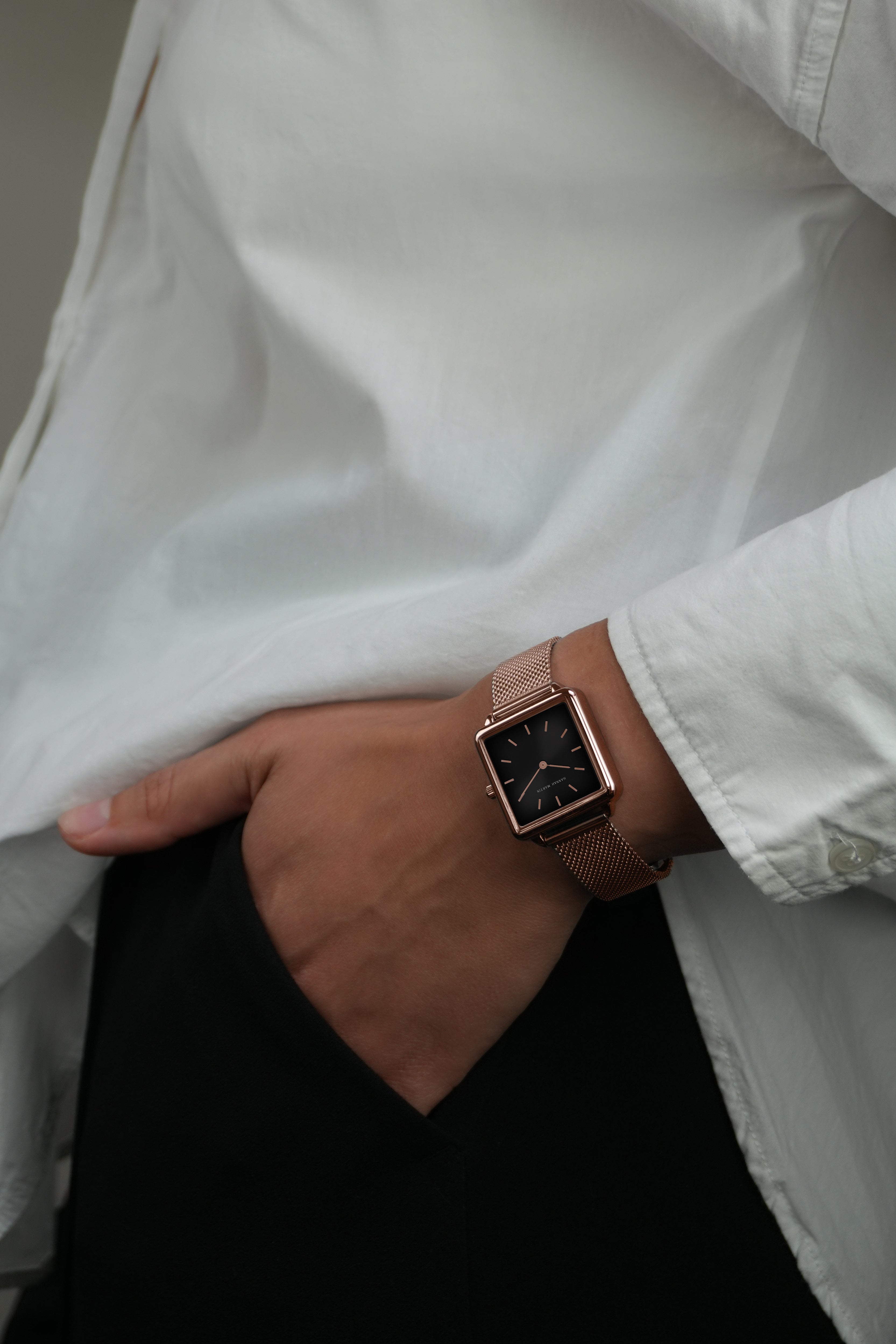 Eclipse - Vierkant Horloge Roségoud met Zwarte Wijzerplaat en Mesh Band