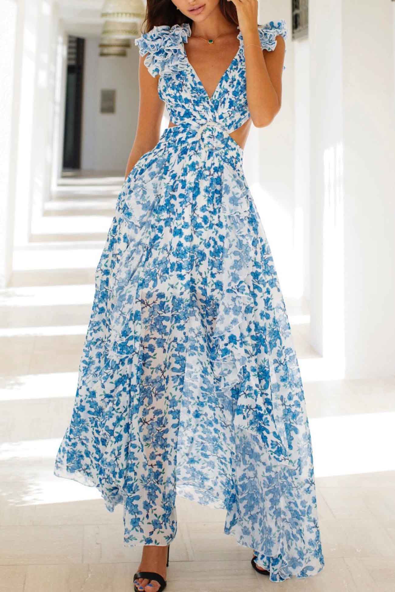 Sienna | Elegant Floral Print Maxi Dress with Ruffles, Open Back and High Split