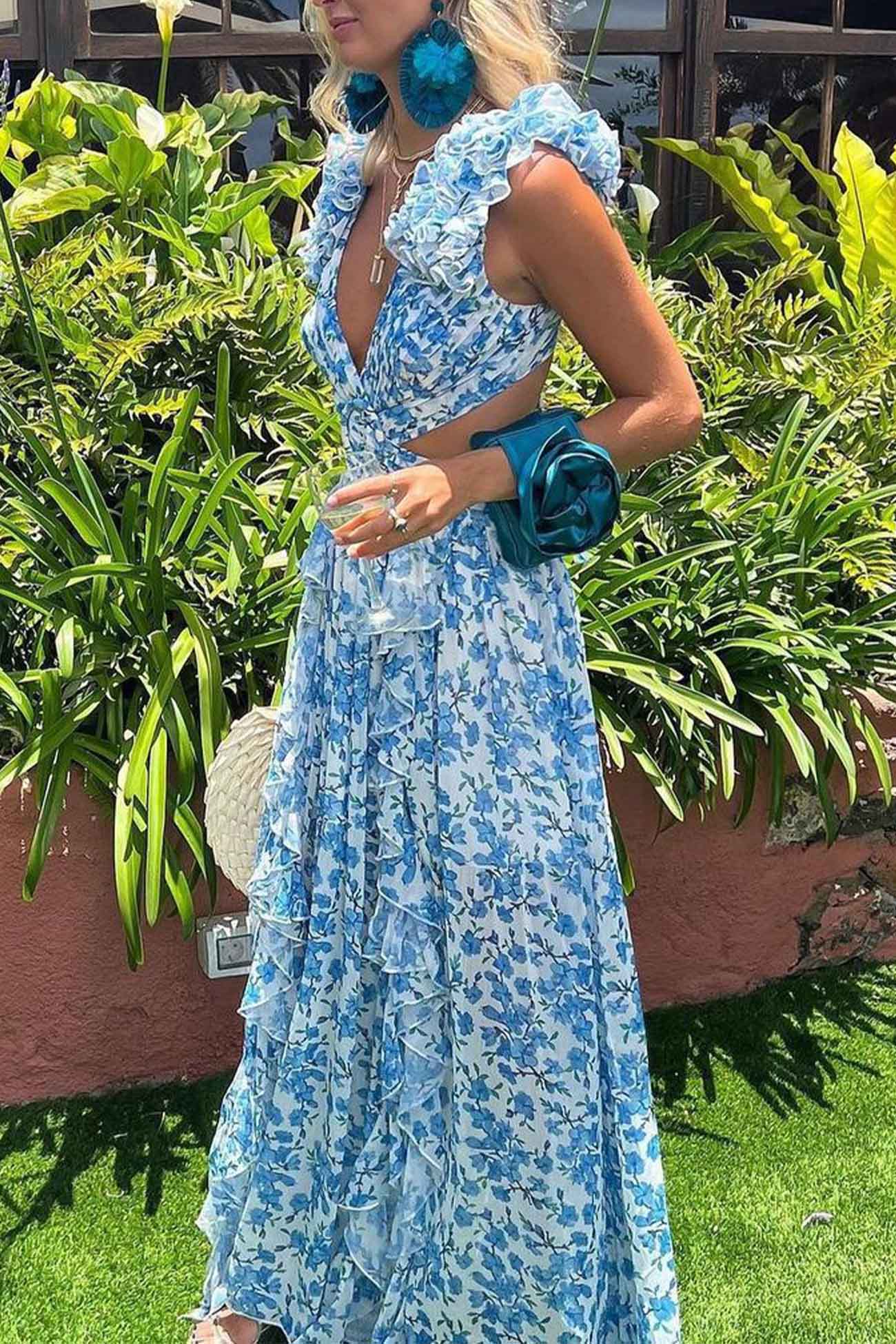 Sienna | Elegant Floral Print Maxi Dress with Ruffles, Open Back and High Split