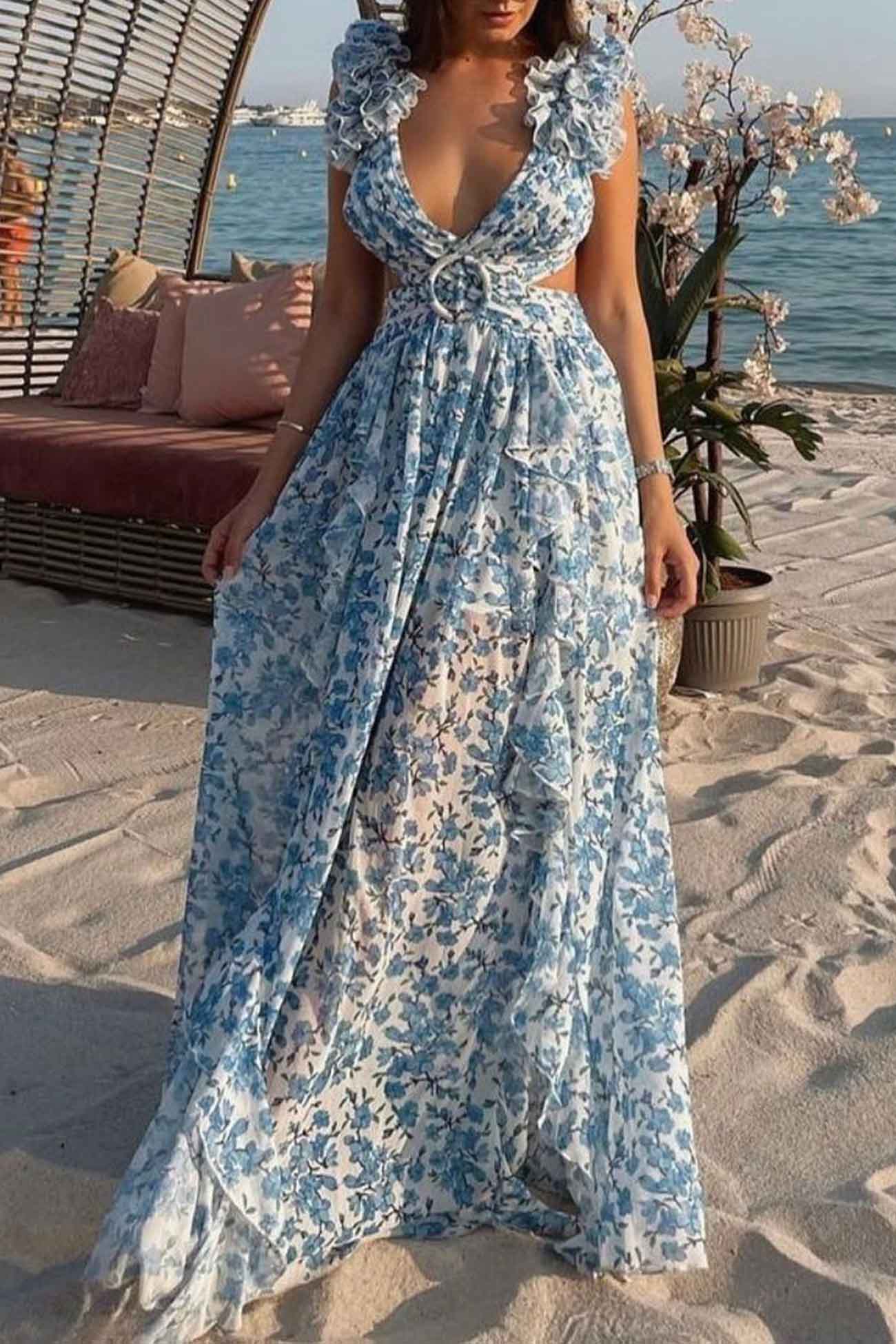 Sienna | Elegant Floral Print Maxi Dress with Ruffles, Open Back and High Split