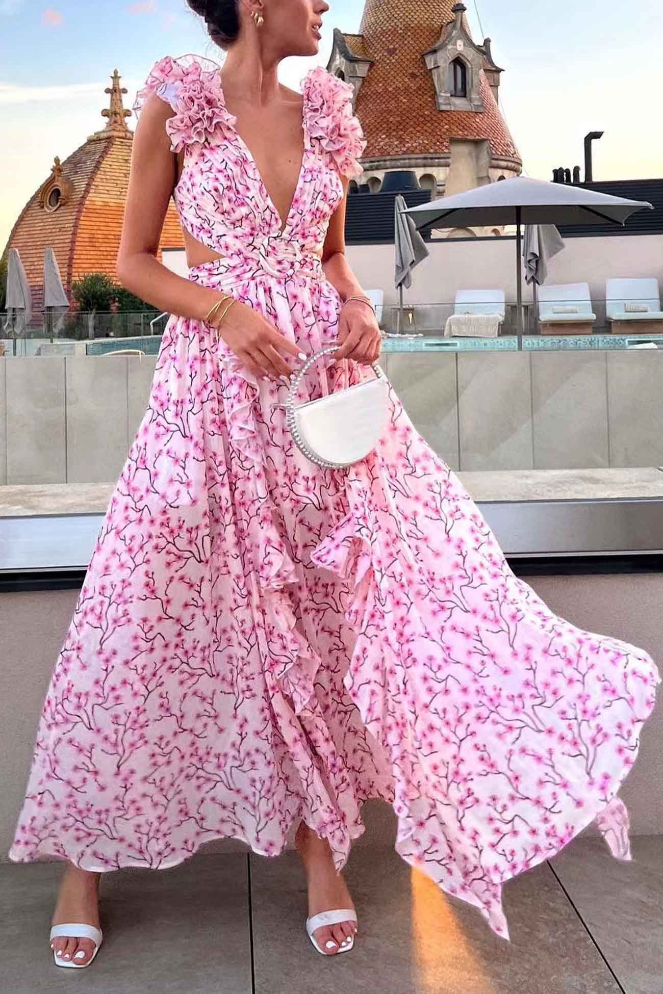 Sienna | Elegant Floral Print Maxi Dress with Ruffles, Open Back and High Split
