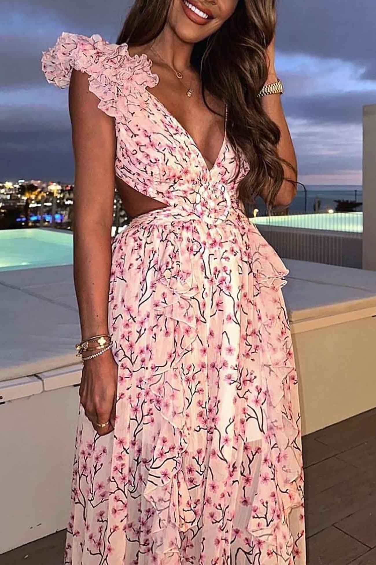 Sienna | Elegant Floral Print Maxi Dress with Ruffles, Open Back and High Split