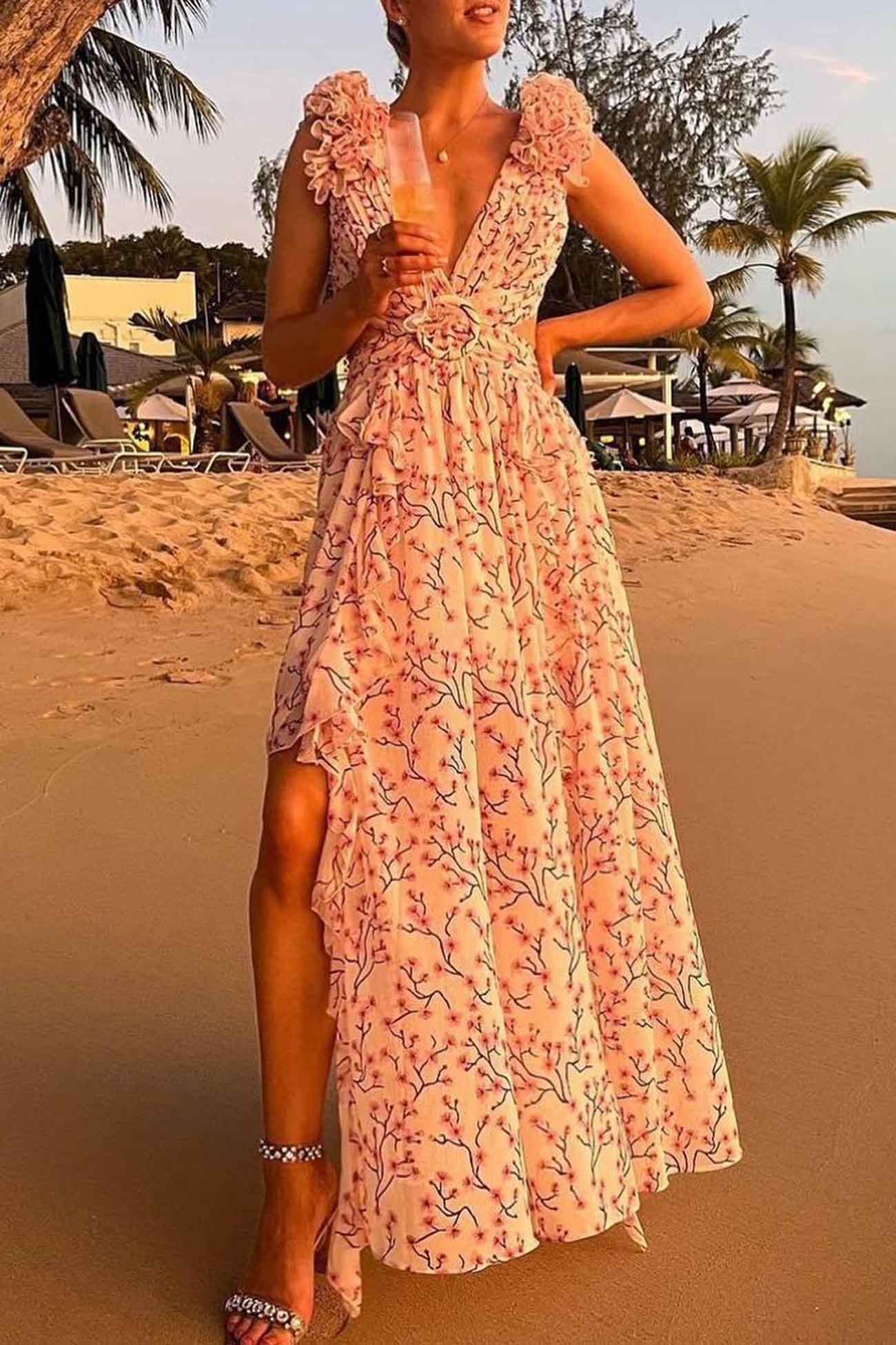 Sienna | Elegant Floral Print Maxi Dress with Ruffles, Open Back and High Split