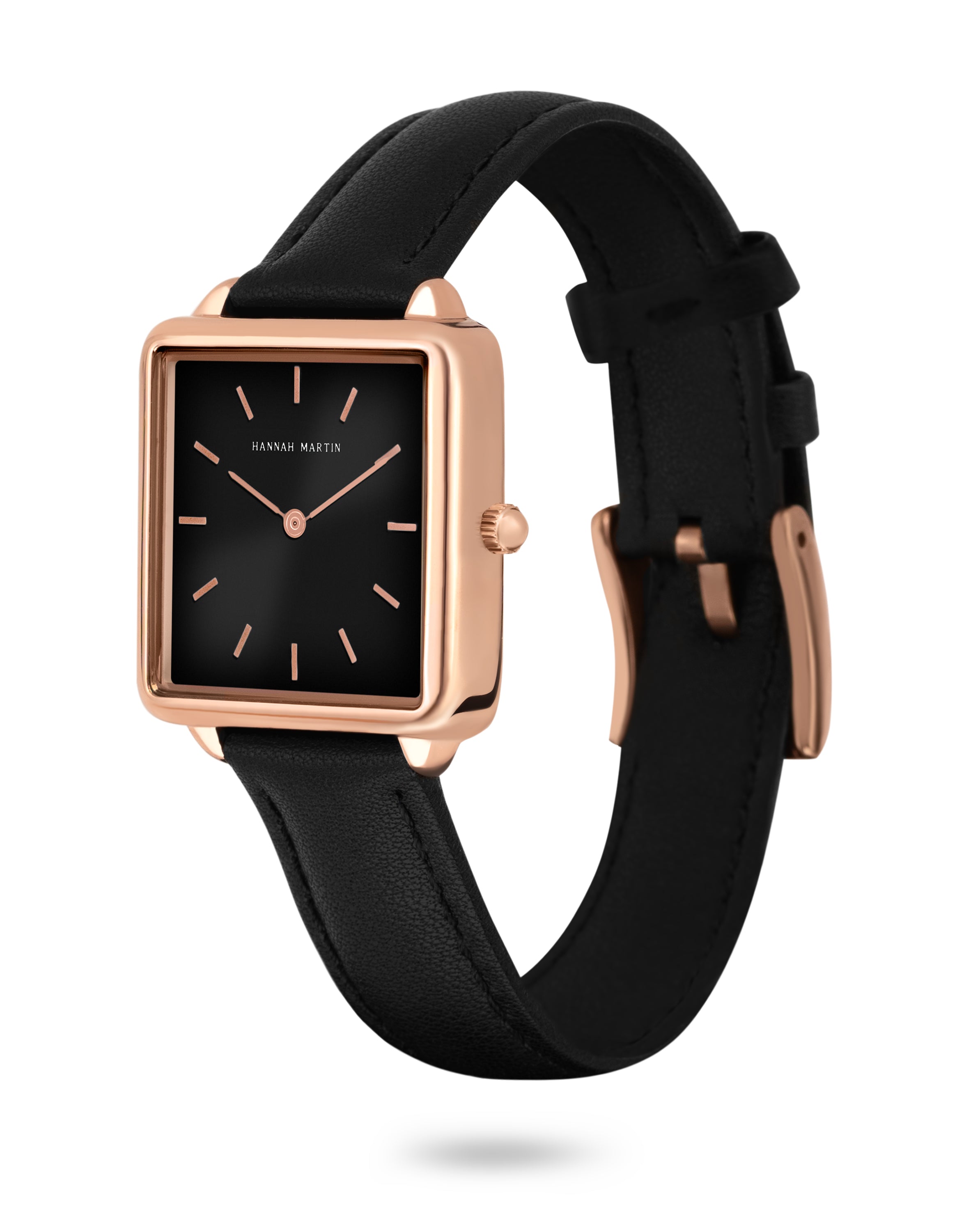 Noir - Vierkant Horloge Roségoud met Zwarte Wijzerplaat en Zwarte Leren Band