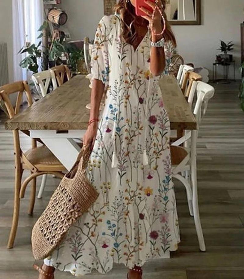 Cleo Comfortabele Boho Maxi Jurk met Flatterende Pasvorm en Tummy-Cover Design