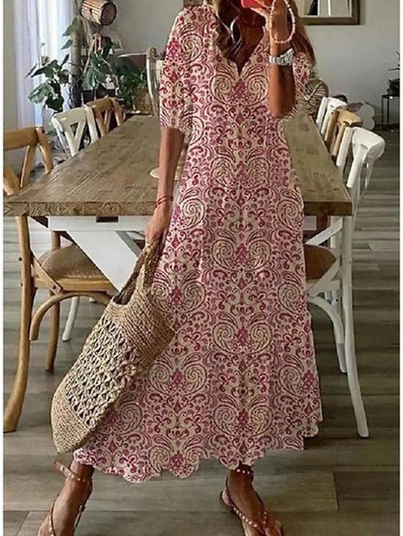 Cleo Comfortabele Boho Maxi Jurk met Flatterende Pasvorm en Tummy-Cover Design
